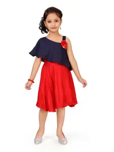 Aarika Girls Navy Blue & Red Floral One Shoulder A-Line Cotton Dress