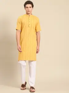 RAJUBHAI HARGOVINDAS Men Yellow Striped Half Sleeves Pure Cotton Kurta