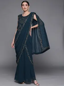 Chhabra 555 Navy Blue Pure Georgette Pre-Draped Saree Gown With Attached Dupatta