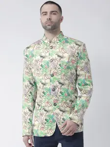 Hangup Men Cream Colored & Green Printed Single-Breasted Casual Blazers