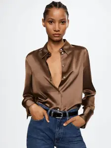 MANGO Women Brown Solid Satin Casual Shirt