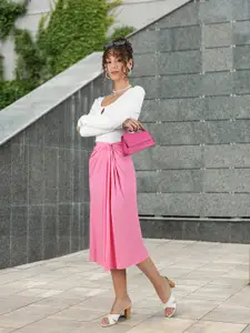 MANGO Women Pink Knot Straight Midi Skirt