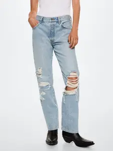 MANGO Women Blue Highly Distressed Straight Fit Low-Rise Pure Cotton Jeans