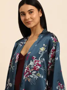 Triumph Women Floral Print Fleece & Satin Full Sleeve Snuggle Robe