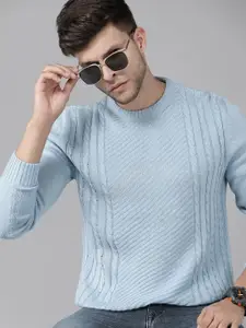 Roadster Men Blue Cable Knit Pullover