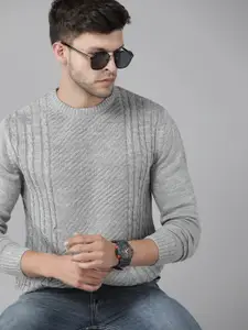 Roadster Men Grey Melange Self Design Pullover