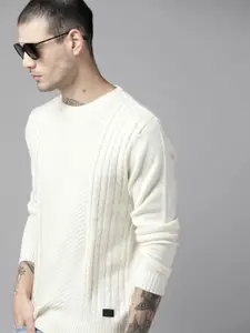 The Roadster Lifestyle Co. Men Off White Cable Knit Pullover