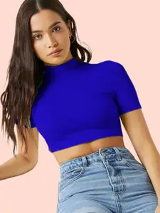 Dream Beauty Fashion Women Blue High Neck Fitted Crop Top
