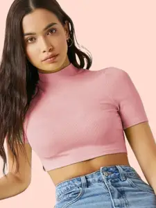 Dream Beauty Fashion Women Peach-Coloured High Neck Fitted Crop Top