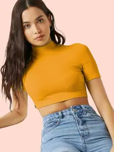 Dream Beauty Fashion Woman Yellow High Neck Fitted Crop Bullet Top