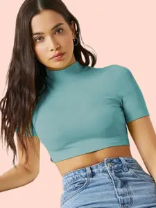 Dream Beauty Fashion Women Green High Neck Fitted Crop Bullet Top