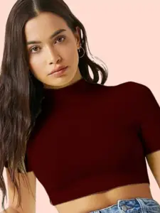 Dream Beauty Fashion Women Maroon High Neck Fitted Crop Bullet Top