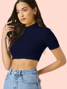 Dream Beauty Fashion Women Navy Blue Solid High Neck Fitted Crop Top