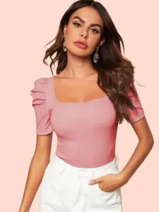 Dream Beauty Fashion Woman Peach-Coloured Puff Sleeves Fitted Top