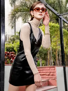 MANGO Black Faux Leather A-Line Mini Dress