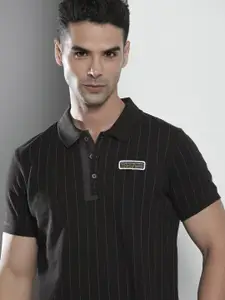 The Indian Garage Co Men Black Striped Polo Collar T-shirt