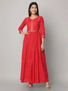 God Bless Red Ethnic Motifs Maxi Dress