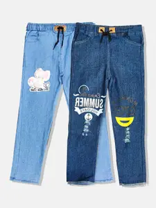 PINVE Girls Pack of 2 Blue Narrow Slim Fit Mildly Distressed & Printed Stretchable Jeans