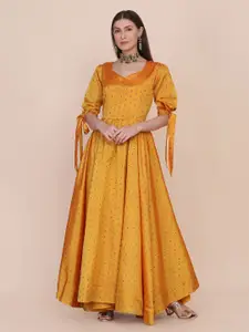 Atsevam Women Yellow Printed Jacquard Ethnic Maxi Dress