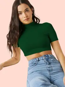 Dream Beauty Fashion Women Green High Neck Fitted Crop Bullet Top