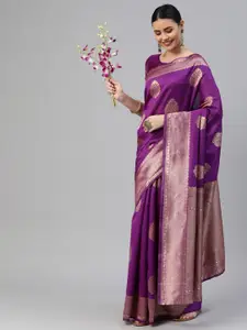 Satrani Purple & Gold-Toned Ethnic Motifs Zari Banarasi Saree