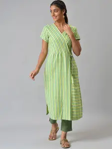 AURELIA Women Green Striped Pure Cotton Kurta