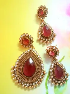 Runjhun Gold-Plated Pink Stone-Studded & Beaded Pendant & Earrings Set