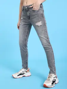 Flying Machine Women Grey Veronica Skinny Fit Low Distress Heavy Fade Acid Wash Stretchable Jeans