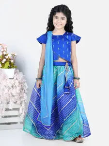 Kinder Kids Girls Blue & Green Ready to Wear Lehenga & Blouse With Dupatta