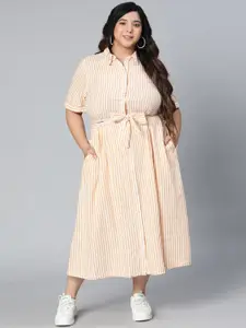 Oxolloxo Orange Plus size Striped Printed Shirt Cotton Midi Dress
