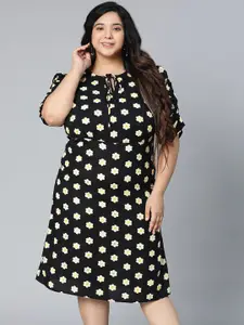 Oxolloxo Plus Size Black & Yellow Floral Crepe A-Line Midi Dress
