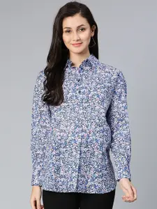 Oxolloxo Women Blue Classic Floral Printed Semi Sheer Formal Shirt