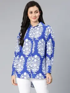 Oxolloxo Women Blue Classic Floral Semi Sheer Printed Casual Shirt