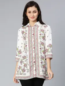 Oxolloxo Women White Classic Floral Printed Semi Sheer Casual Shirt