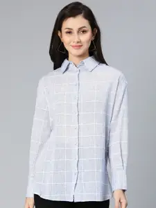 Oxolloxo Women Blue Classic Semi Sheer Checked Cotton Casual Shirt