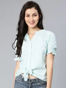 Oxolloxo Sea Green Striped Mandarin Collar Shirt Style Top