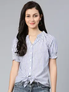 Oxolloxo Women Pure cotton Blue & White Striped  Extended Sleeves Shirt Style Top