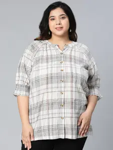 Oxolloxo Plus Size Women Off White & Grey Checked Mandarin Collar Shirt Style Top