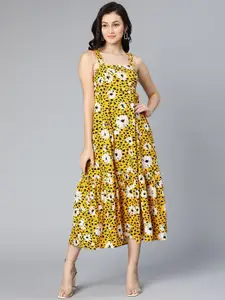 Oxolloxo Yellow & Black Floral Satin Midi Dress