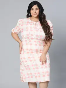 Oxolloxo Plus Size White & Pink Checked Tie-Up Neck Crepe A-Line Midi Dress