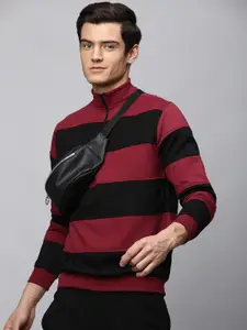 High Star Men Maroon Striped Sweatshirt