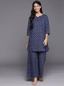 Libas Women Navy Blue Printed Pure Cotton Night suit