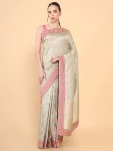 Soch Green & Pink Woven Design Zari Silk Blend Tussar Saree