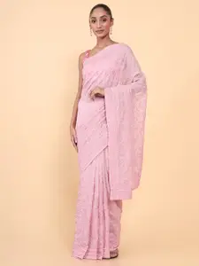 Soch Pink & Gold-Toned Floral Embroidered Organza Saree
