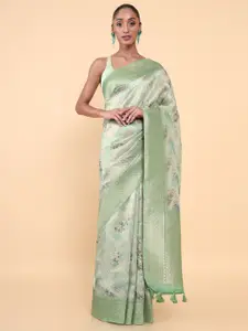Soch Women Light Green & Grey Floral Woven Design Zari Saree
