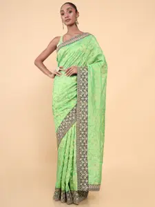 Soch Green & Gold-Toned Floral Embroidered Silk Blend Tussar Saree