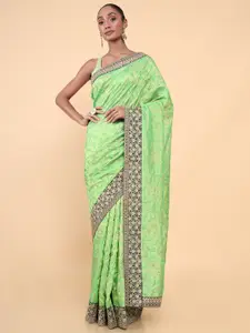 Soch Green & Gold-Toned Floral Embroidered Silk Blend Tussar Saree