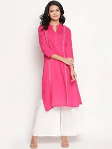 Be Indi Women Fuchsia Pink Yoke Design Mandarin Collar Panelled Kurta