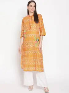 Be Indi Women Yellow Geometric Print Flower Embroidered Lace Detail Cotton Kurta