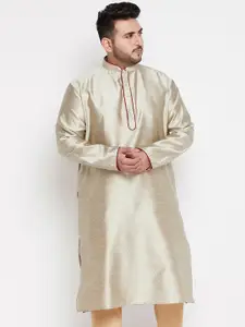 VASTRAMAY Men Beige Jacquard Silk Blend Kurta